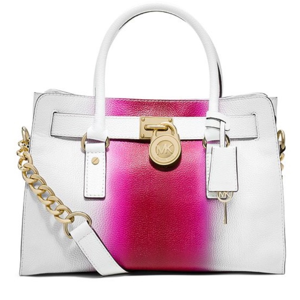 Michael Kors White and Fuchsia Ombre Leather Satchel with Gold Hardware